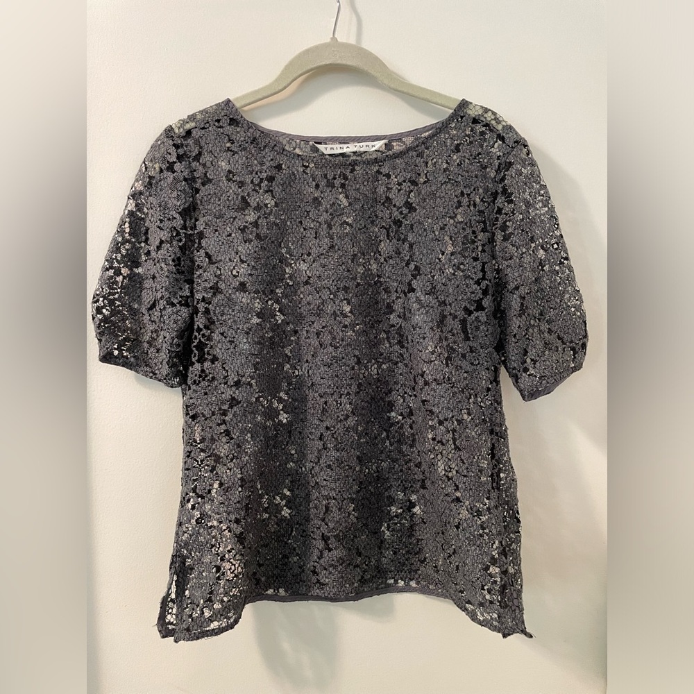 Trina Turk Gray Sheer Lace Layering Whimsygoth Shortsleeve Women's Top in Sz S/M